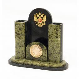 Настольные часы с карандашницей "Герб России" камень змеевик