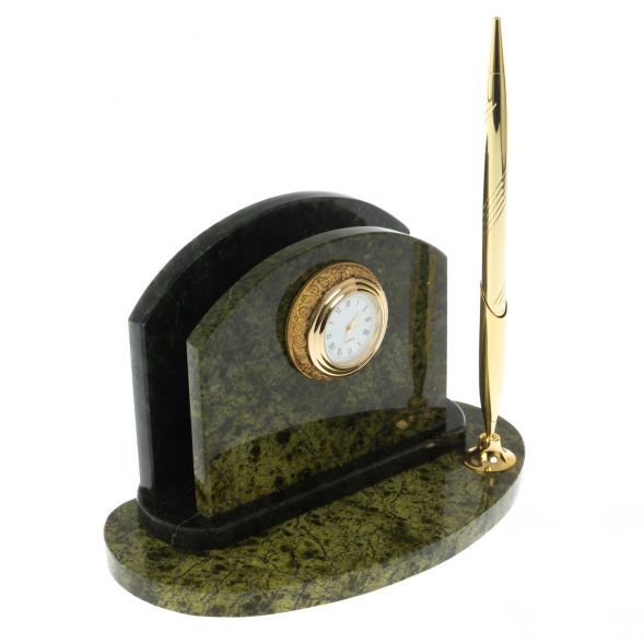 Визитница настольная для бумаг с часами и ручкой / змеевик 128786