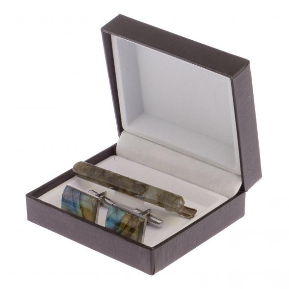Набор запонки прямоугольные и зажим для галстука камень лабрадор 125251