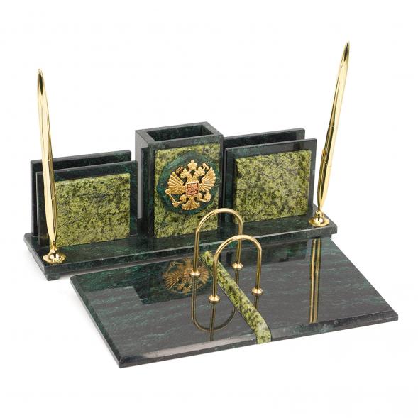 Письменный набор &amp;quot;Офисный&amp;quot; из змеевика с гербом РФ 118107