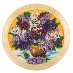 Картина "Сирень" 30х30 см  из каменной крошки на оранжевом фоне