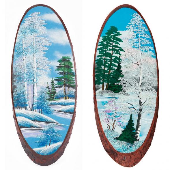 Панно на срезе дерева &amp;quot;Зима&amp;quot; вертикальное 60-65 см каменная крошка 111096