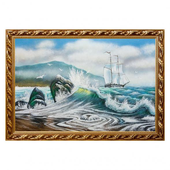 Картина &amp;quot;Вид на море с парусником&amp;quot; багет 46х66 см, каменная крошка 111848