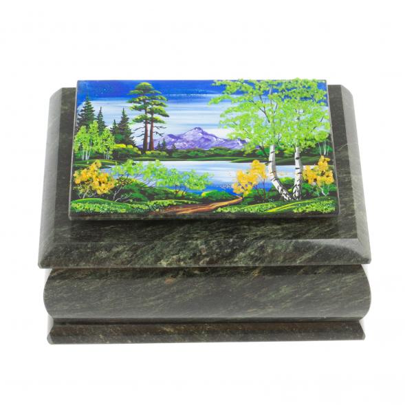Шкатулка с рисунком &amp;quot;Лето в горах&amp;quot; из змеевика 16х12х7,5 см 127479