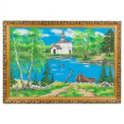 Картина "Церковь и лодка" багет 46х66 см, каменная крошка