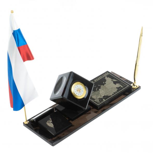 Письменный набор &amp;quot;Куб с картой РФ&amp;quot; камень черный обсидиан 128348