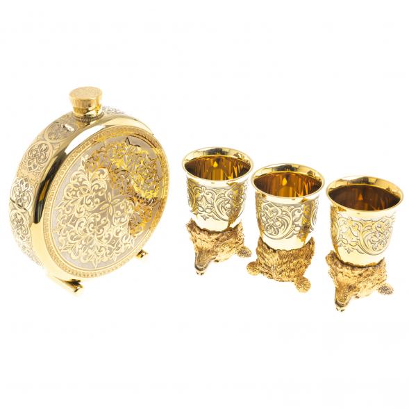 Подарочный набор &amp;quot;Медведь&amp;quot; фляжка и 3 стопки перевертыша Златоуст 123679