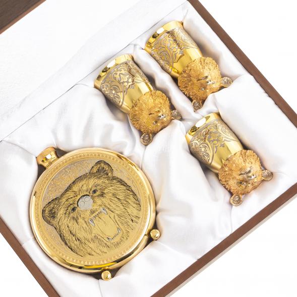 Подарочный набор &amp;quot;Медведь&amp;quot; фляжка и 3 стопки перевертыша Златоуст 123679