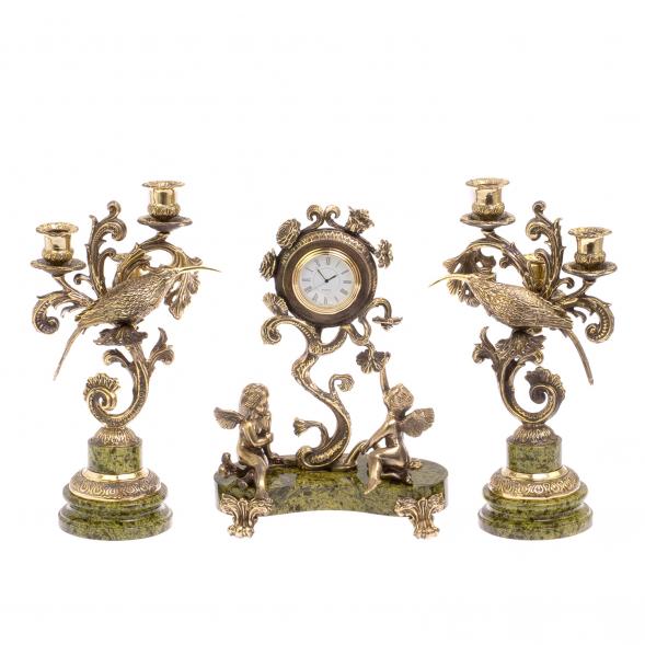 Каминные часы с канделябрами &amp;quot;Колибри&amp;quot; из бронзы и змеевика 115013