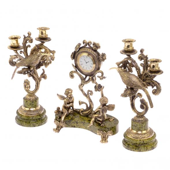 Каминные часы с канделябрами &amp;quot;Колибри&amp;quot; из бронзы и змеевика 115013