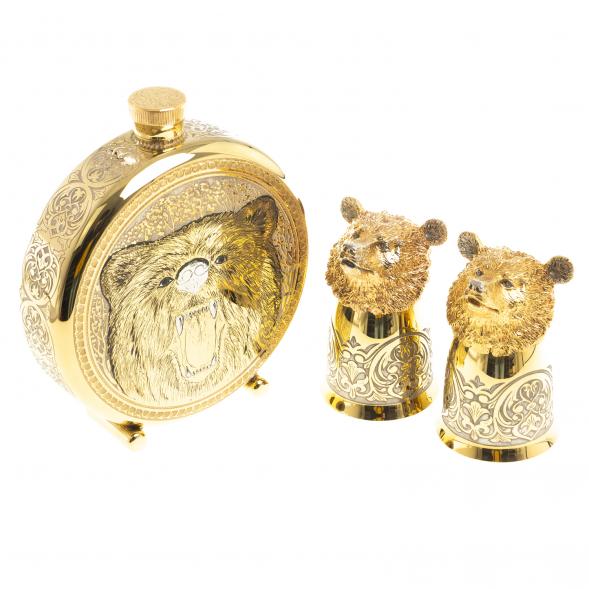 Подарочный набор &amp;quot;Медведь&amp;quot; фляжка и 2 стопки перевертыша Златоуст 123678