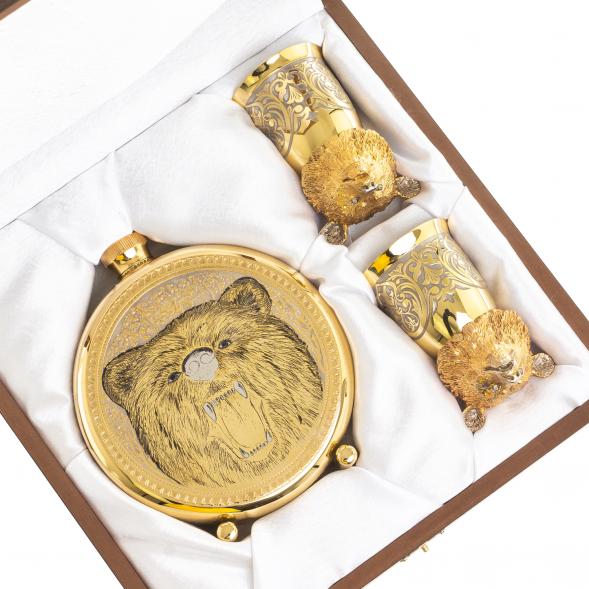 Подарочный набор &amp;quot;Медведь&amp;quot; фляжка и 2 стопки перевертыша Златоуст 123678