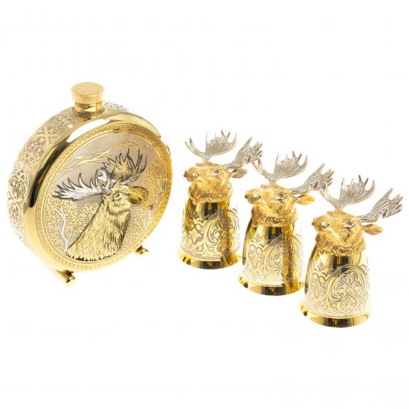 Подарочный набор &amp;quot;Лось&amp;quot; фляжка и 3 стопки перевертыша Златоуст 123681