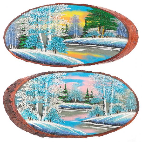 Панно на срезе дерева &amp;quot;Зима&amp;quot; горизонтальное 45-50 см каменная крошка 120049