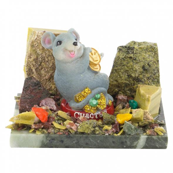 Сувенир &amp;quot;Мышка с монетами&amp;quot; змеевик самоцветы 120229