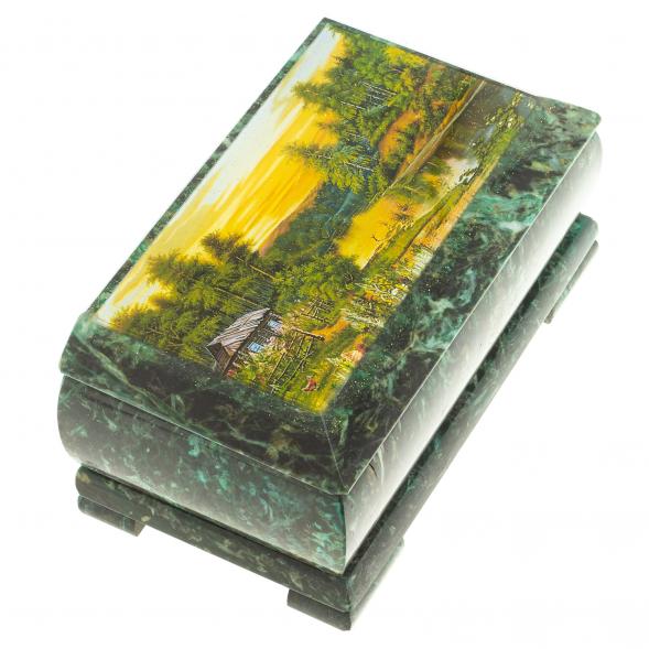 Шкатулка с иллюстрацией &amp;quot;Домик на берегу реки&amp;quot; камень змеевик 17,5х9,5х7,5 см 124035