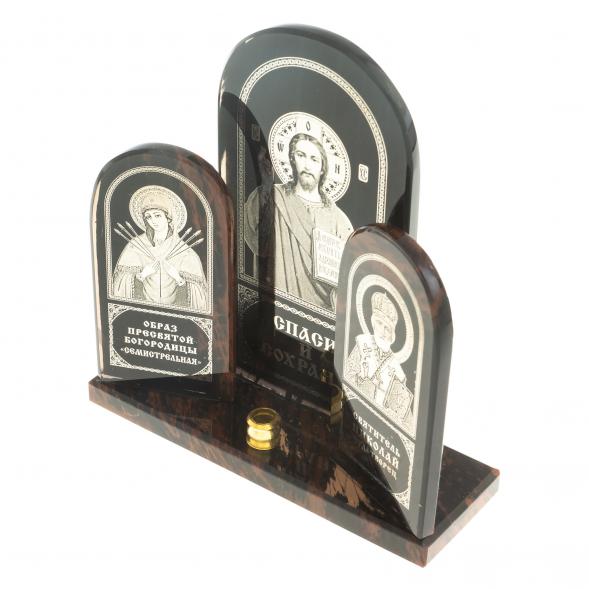 Икона триптих большая &amp;quot;Спаситель, Семистрельная, Николай&amp;quot; камень обсидиан 122913