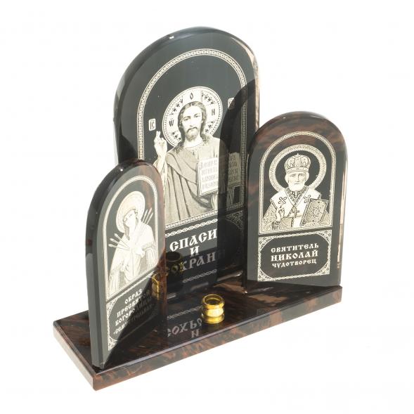 Икона триптих большая &amp;quot;Спаситель, Семистрельная, Николай&amp;quot; камень обсидиан 122913