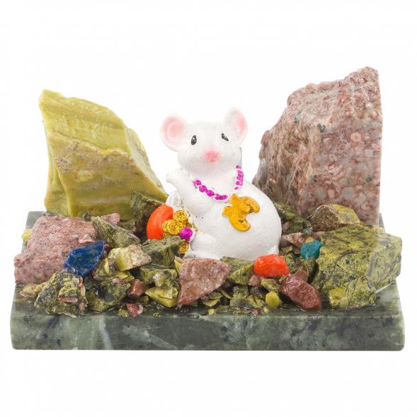 Сувенир &amp;quot;Мышка белая с евро&amp;quot; змеевик самоцветы 120232