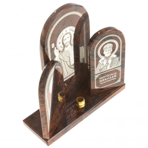 Икона триптих большая &amp;quot;Спаситель, Матрона, Николай&amp;quot; камень обсидиан 122914