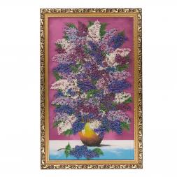 Картина из каменной крошки "Букет сирени на столе" 89х59 см багет малиновый фон