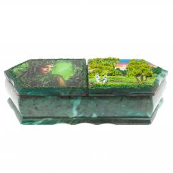 Шкатулка на два отделения "Хозяйка медной горы и летний пейзаж" из змеевика