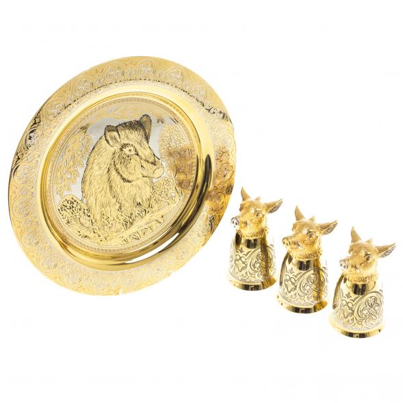 Подарочный набор &amp;quot;Кабан&amp;quot; тарелка и 3 стопки перевертыша Златоуст 123690