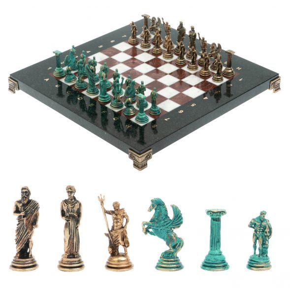 Шахматы &amp;quot;Подвиги Геракла&amp;quot; фигуры бронза / патина 28х28 см из мрамора и лемезита 128197