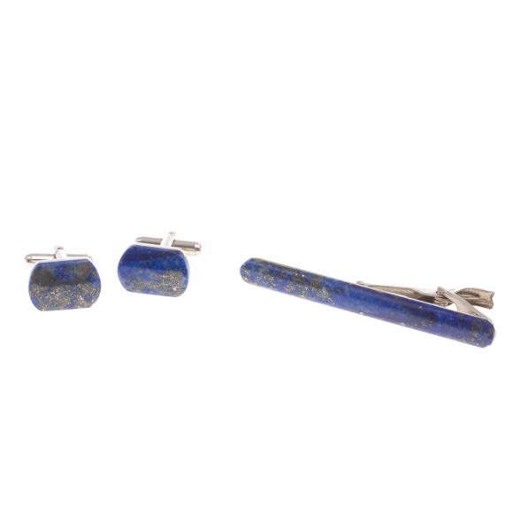 Набор запонки закругленные и зажим для галстука камень лазурит 124458