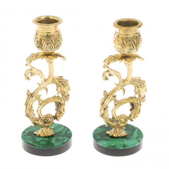 Набор подсвечников 2 шт из бронзы на подставке из малахита 129984