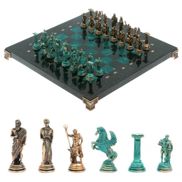 Шахматы &amp;quot;Подвиги Геракла&amp;quot; фигуры бронза / патина 28х28 см из змеевика 128199