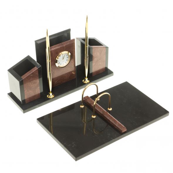 Письменный набор &amp;quot;Канцелярский&amp;quot; с часами камень лемезит 124048