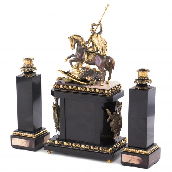 Каминные часы из бронзы &amp;quot;Георгий Победоносец&amp;quot; с подсвечниками камень яшма 113588