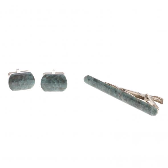 Набор запонки закругленные и зажим для галстука камень зеленый апатит 124470