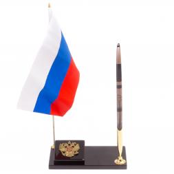 Флаг России с гербом РФ ручкой из черного обсидиана