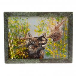 Картина из камня "Лось" рамка змеевик 24,5х32,5 см