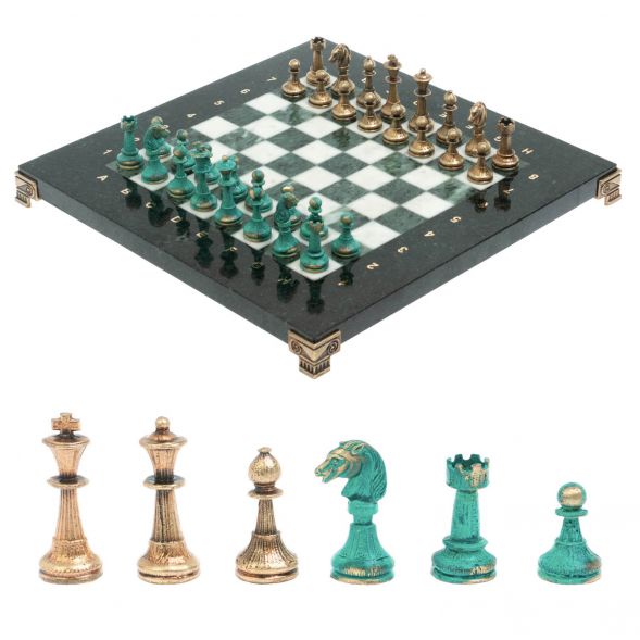 Шахматы &amp;quot;Стаунтон&amp;quot; фигуры бронза / патина 28х28 см из змеевика и мрамора 128213