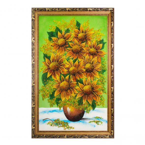 Картина с рисунком из камня &amp;quot;Подсолнухи в вазе&amp;quot; багет 59х89 см зеленый фон 124063