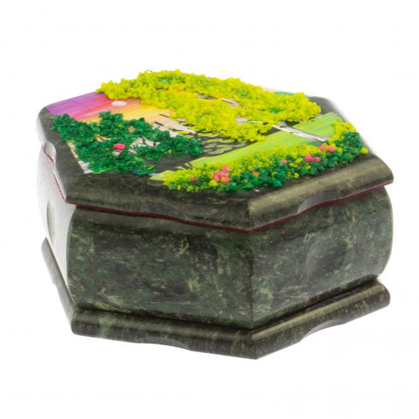 Шкатулка шестигранная с рисунком &amp;quot;Летний пейзаж&amp;quot; 14х12,5х7 см змеевик 125011