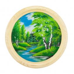 Панно каменное на тарелке из дерева "Летний пейзаж" 40 см